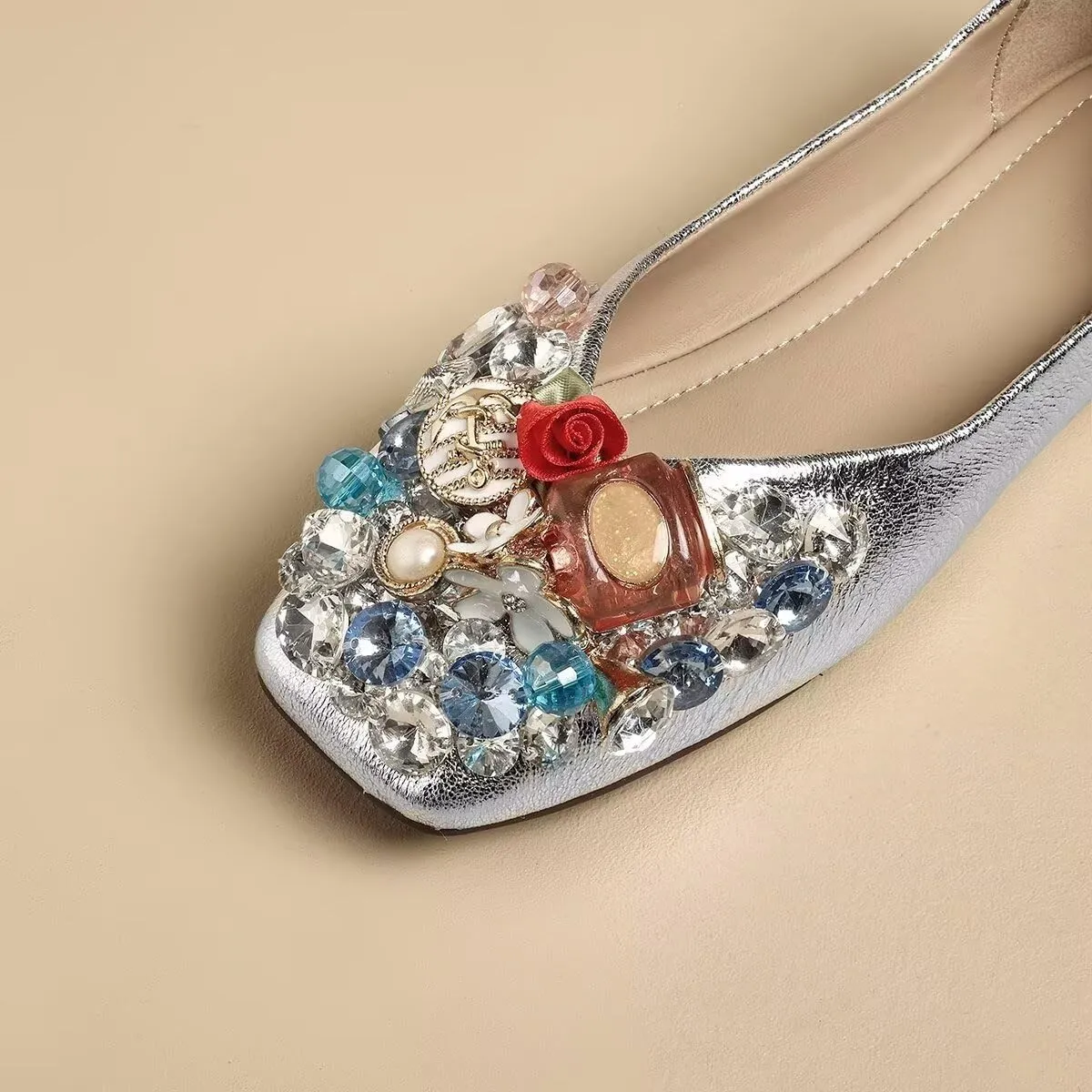 Hee grand Fashion Crystals Dress Shoes for Women Sparkly Rhinestone Wedding Shoes Comfortable Square Toe Slip On Ballet Flats