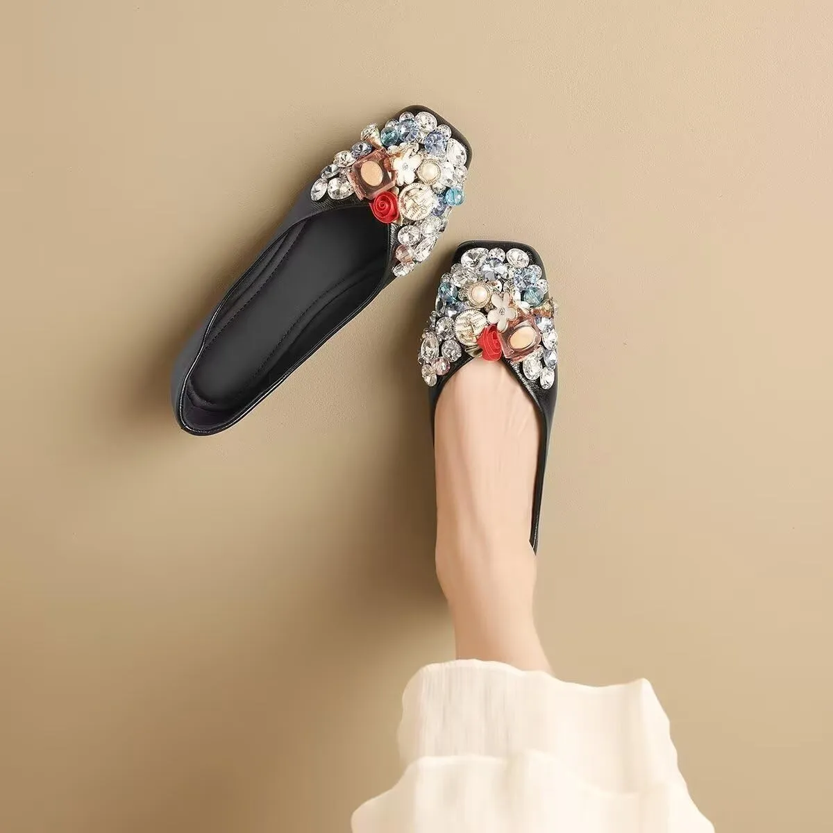 Hee grand Fashion Crystals Dress Shoes for Women Sparkly Rhinestone Wedding Shoes Comfortable Square Toe Slip On Ballet Flats