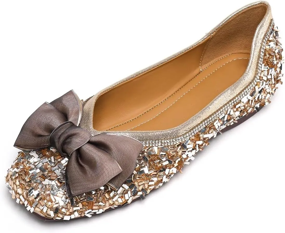 Hee grand Women's Rhinestone Flats Bowknot Square Toe Low Heel Wedding Flats Comfortable Women Crystals Dress Flats Shoes