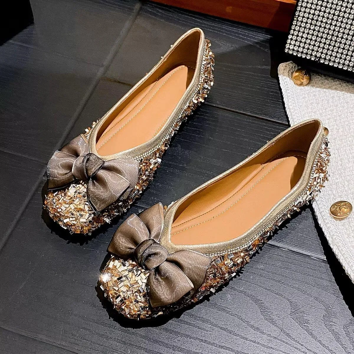 Hee grand Women's Rhinestone Flats Bowknot Square Toe Low Heel Wedding Flats Comfortable Women Crystals Dress Flats Shoes