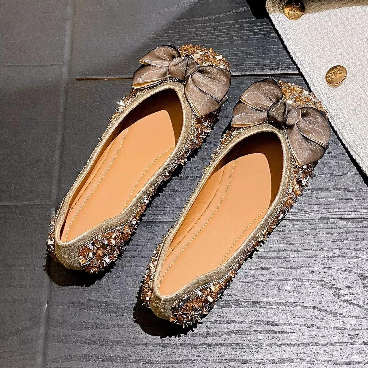 Hee grand Women's Rhinestone Flats Bowknot Square Toe Low Heel Wedding Flats Comfortable Women Crystals Dress Flats Shoes