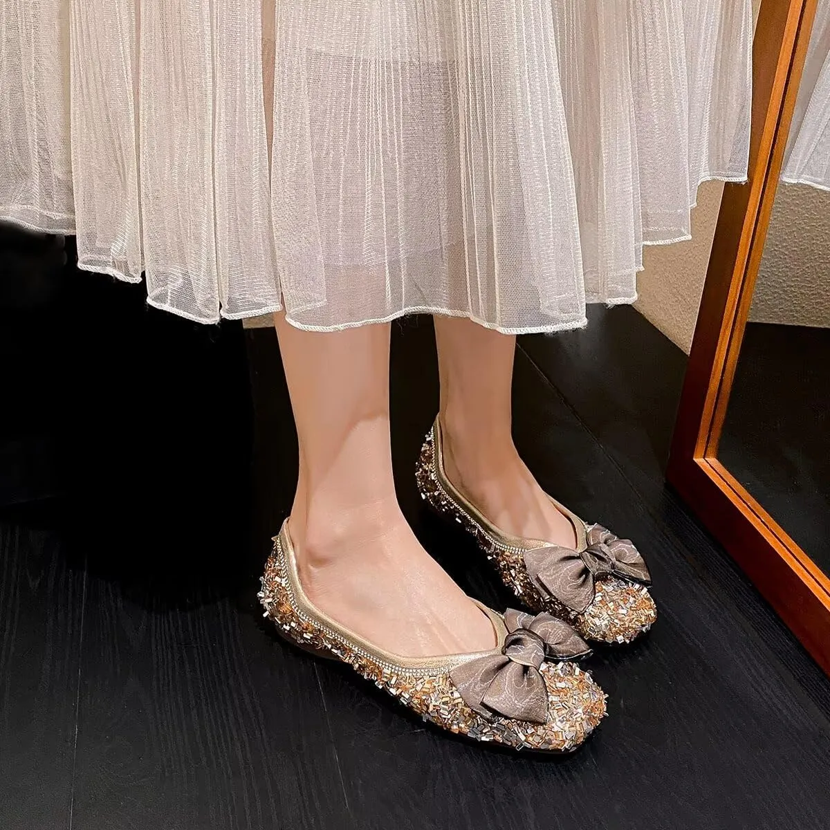 Hee grand Women's Rhinestone Flats Bowknot Square Toe Low Heel Wedding Flats Comfortable Women Crystals Dress Flats Shoes
