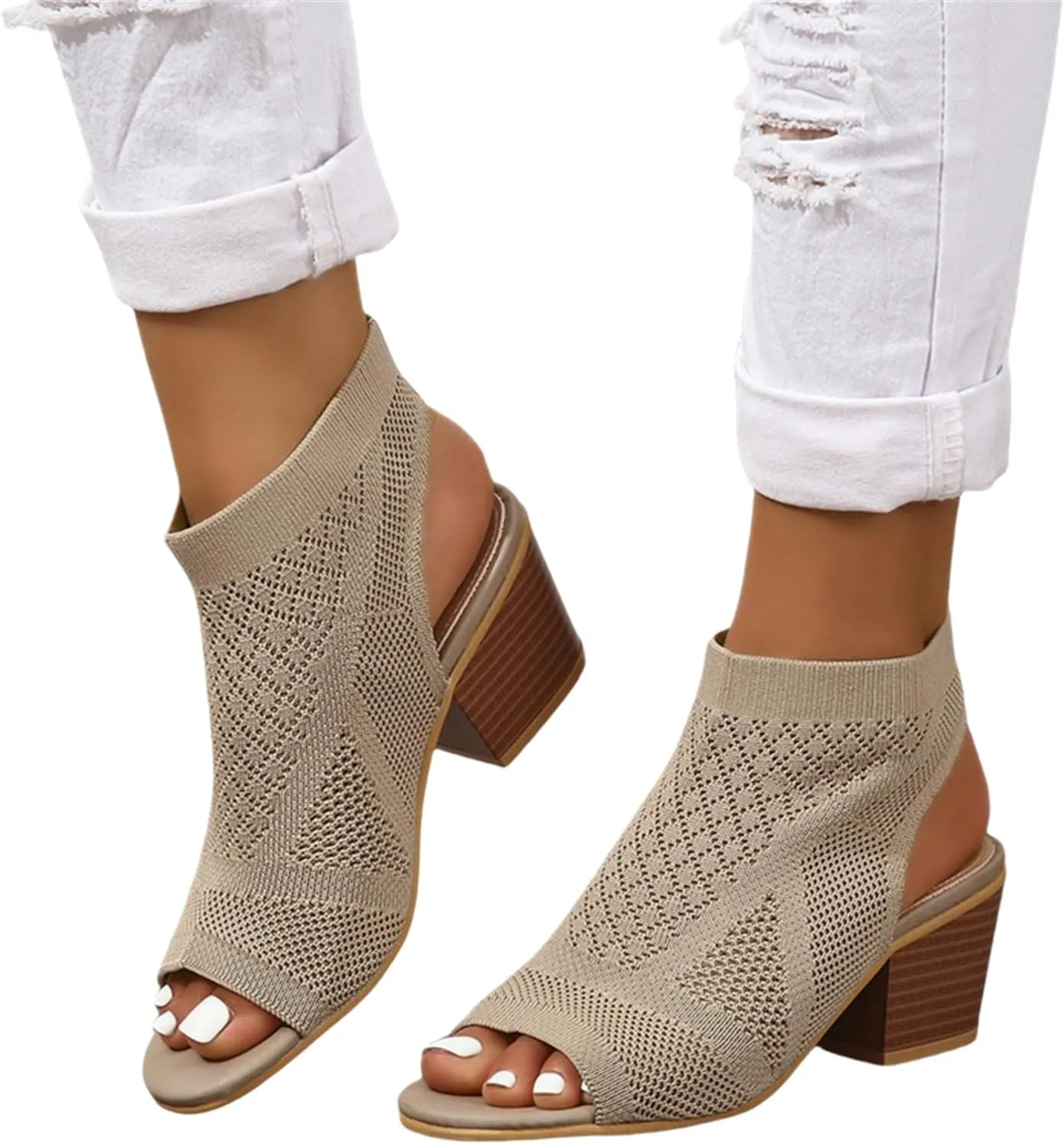 Heeled Sandals for Women Elastic Slingback Open Toe Chunky Block Heel Heels Summer Dressy Knit Stacked Heel Breathable Sandal