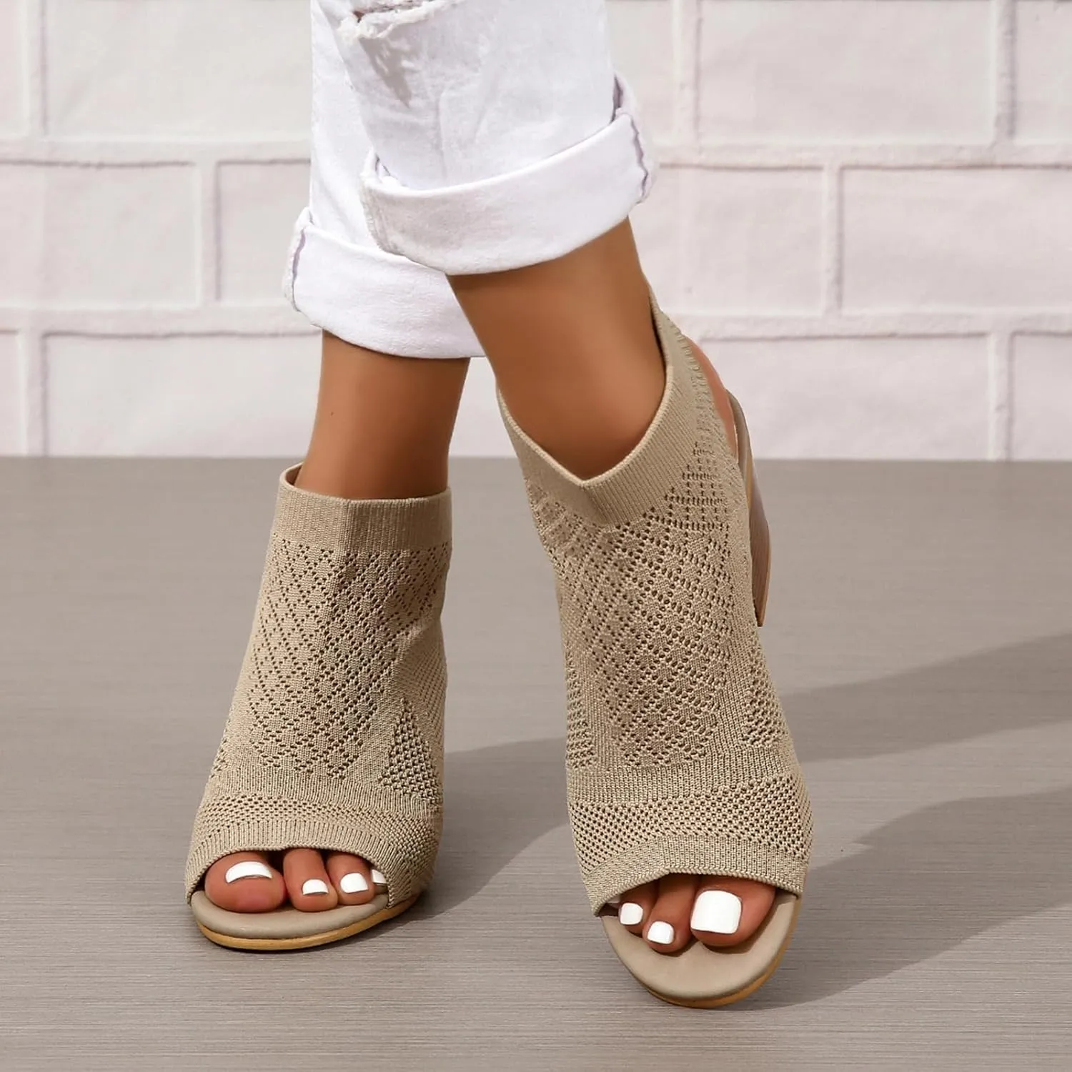Heeled Sandals for Women Elastic Slingback Open Toe Chunky Block Heel Heels Summer Dressy Knit Stacked Heel Breathable Sandal