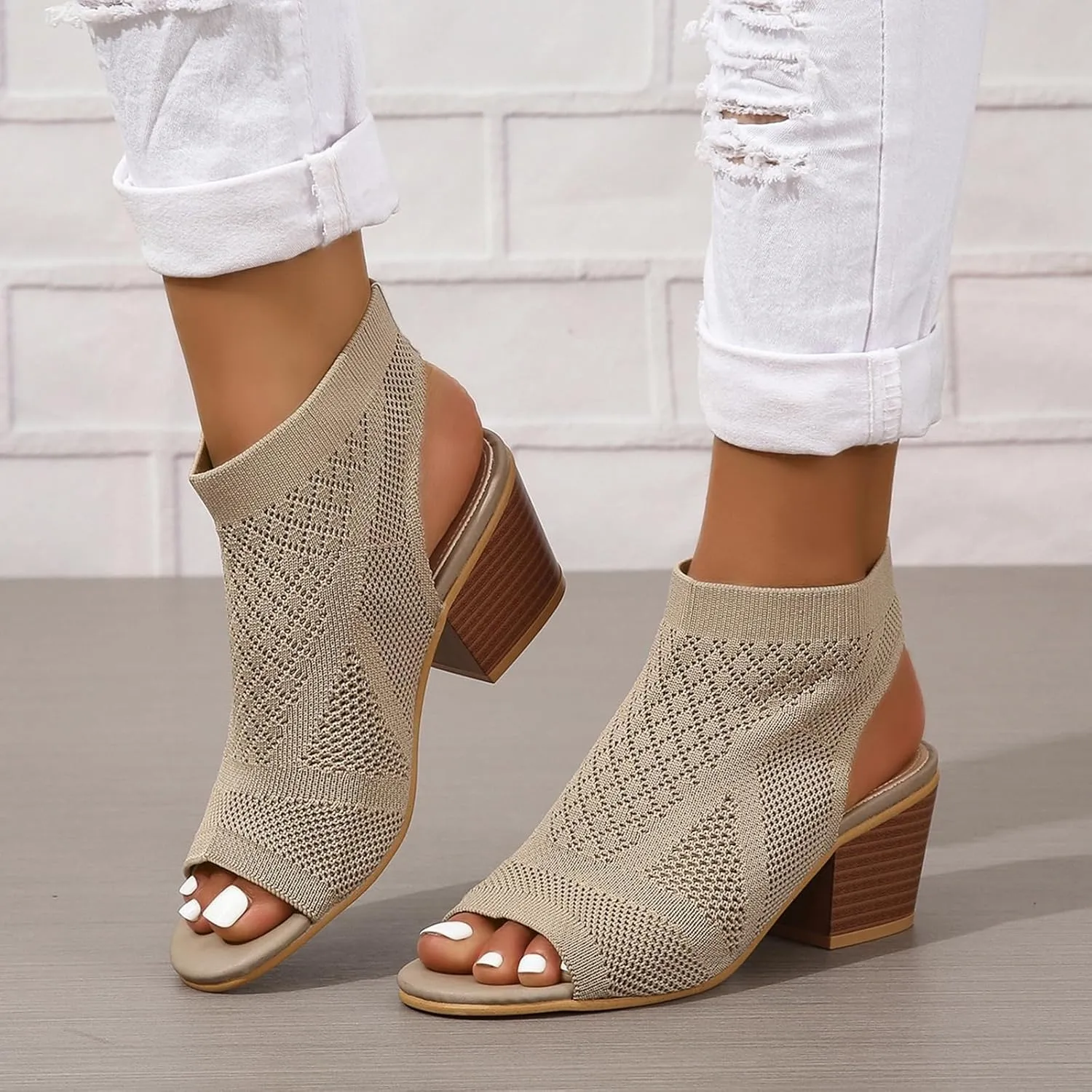Heeled Sandals for Women Elastic Slingback Open Toe Chunky Block Heel Heels Summer Dressy Knit Stacked Heel Breathable Sandal