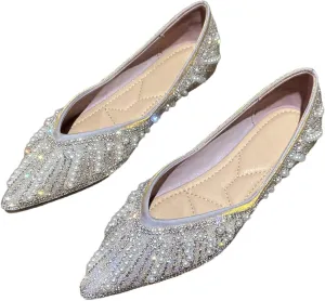 HuangTaiJi Qing Women's Pearl Rhinestone Pointed Toe Ballet Flats Dressy Comfortable Flat Shoes Slip-On Loafers Elegant Shoes