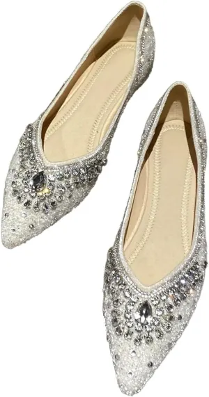 HuangTaiJi Qing Women's Pearl Rhinestone Pointed Toe Ballet Flats Dressy Comfortable Flat Shoes Slip-On Loafers Elegant Shoes