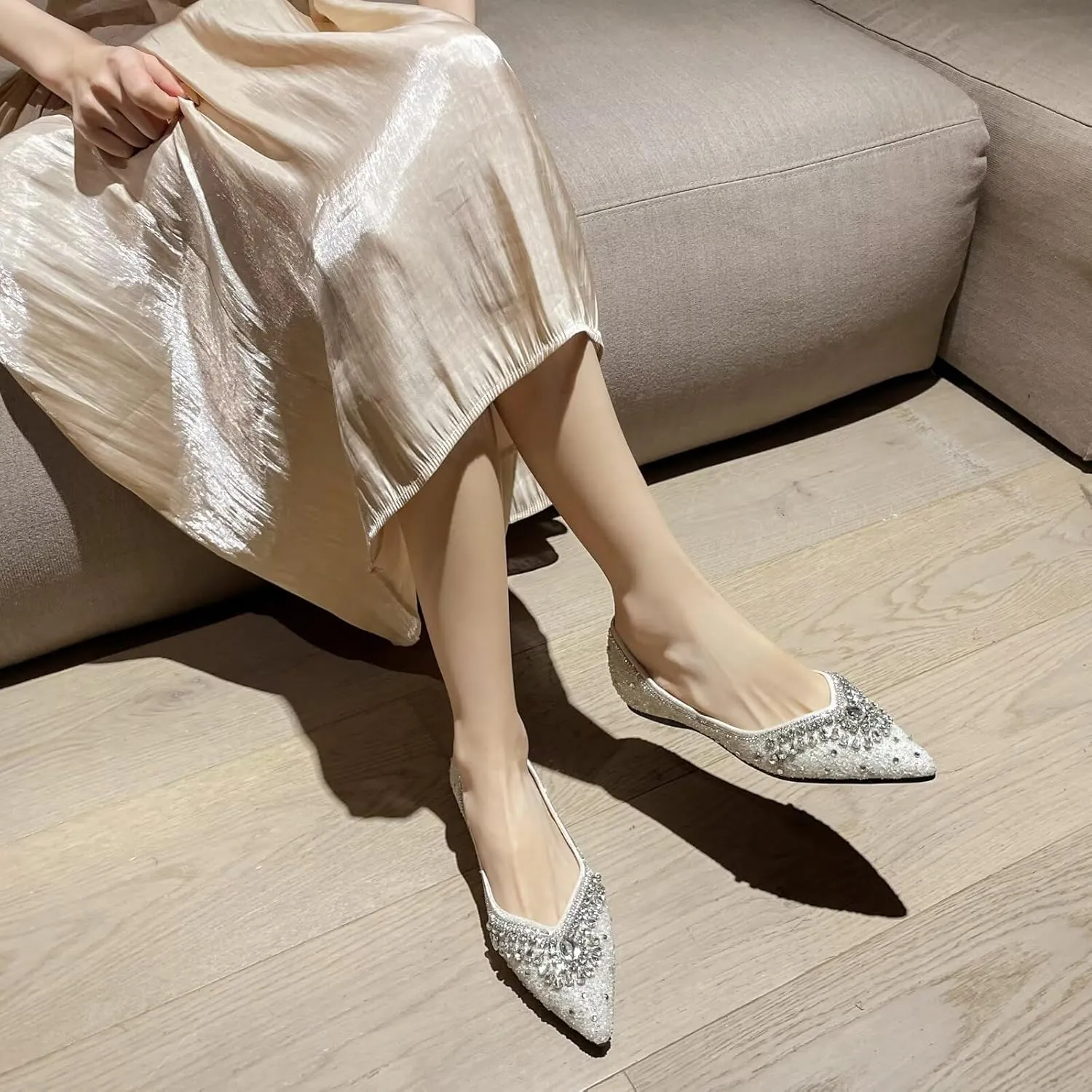 HuangTaiJi Qing Women's Pearl Rhinestone Pointed Toe Ballet Flats Dressy Comfortable Flat Shoes Slip-On Loafers Elegant Shoes
