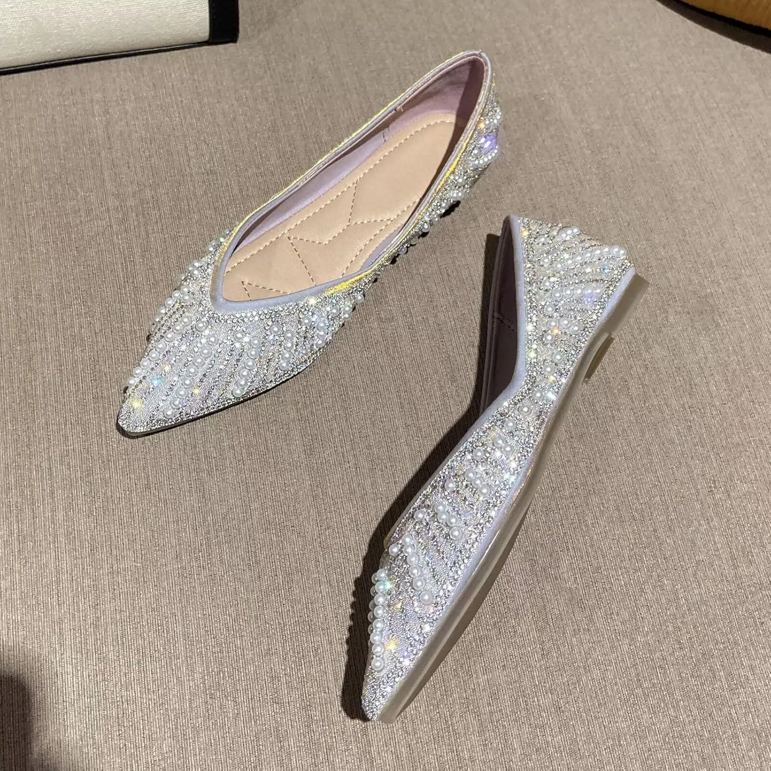 HuangTaiJi Qing Women's Pearl Rhinestone Pointed Toe Ballet Flats Dressy Comfortable Flat Shoes Slip-On Loafers Elegant Shoes