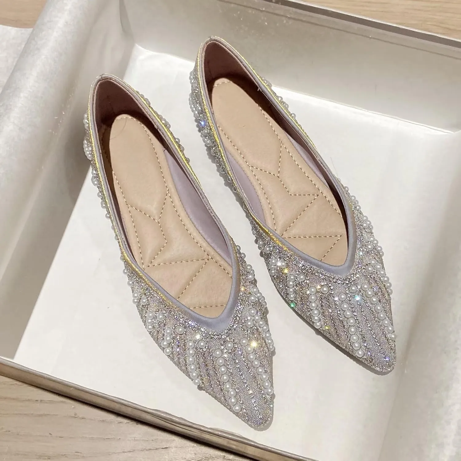 HuangTaiJi Qing Women's Pearl Rhinestone Pointed Toe Ballet Flats Dressy Comfortable Flat Shoes Slip-On Loafers Elegant Shoes