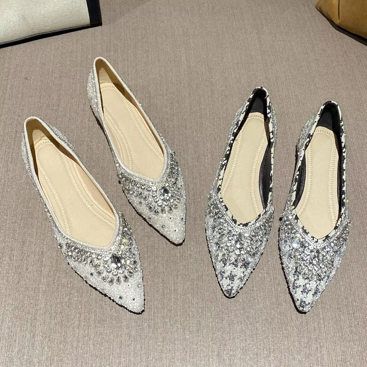 HuangTaiJi Qing Women's Pearl Rhinestone Pointed Toe Ballet Flats Dressy Comfortable Flat Shoes Slip-On Loafers Elegant Shoes