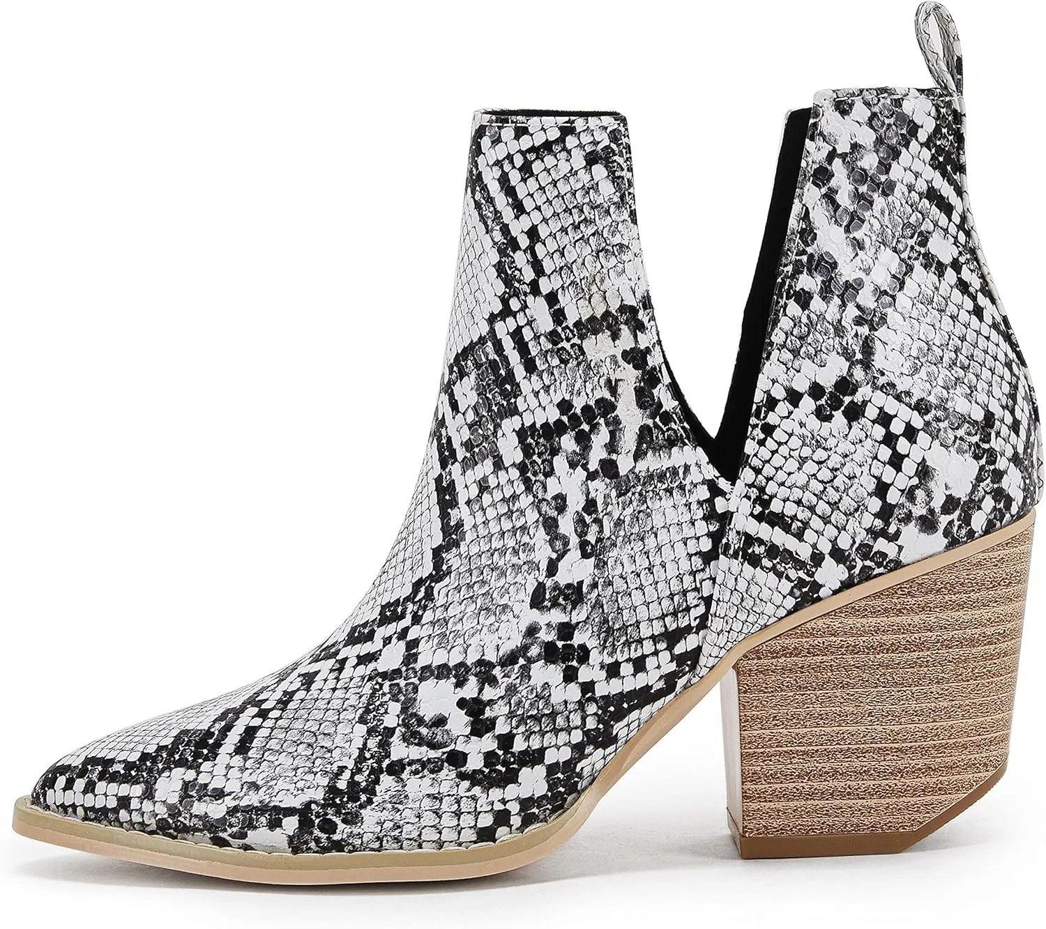 Huiyuzhi Womens Ankle Boots Slip on Cutout Pointed Toe Snakeskin Chunky Stacked Mid Heel Bootie