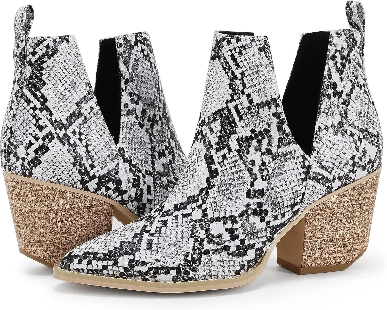 Huiyuzhi Womens Ankle Boots Slip on Cutout Pointed Toe Snakeskin Chunky Stacked Mid Heel Bootie