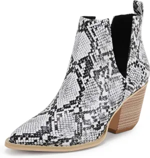 Huiyuzhi Womens Ankle Boots Slip on Cutout Pointed Toe Snakeskin Chunky Stacked Mid Heel Bootie