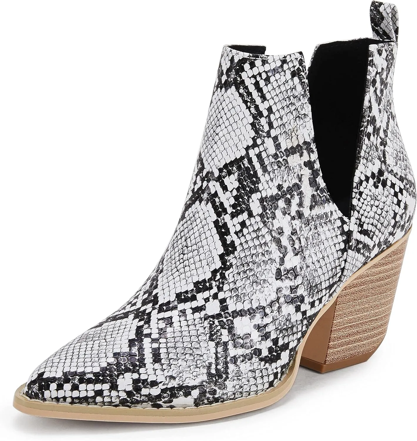 Huiyuzhi Womens Ankle Boots Slip on Cutout Pointed Toe Snakeskin Chunky Stacked Mid Heel Bootie