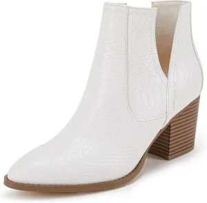Huiyuzhi Womens Ankle Boots Slip on Cutout Pointed Toe Snakeskin Chunky Stacked Mid Heel Bootie