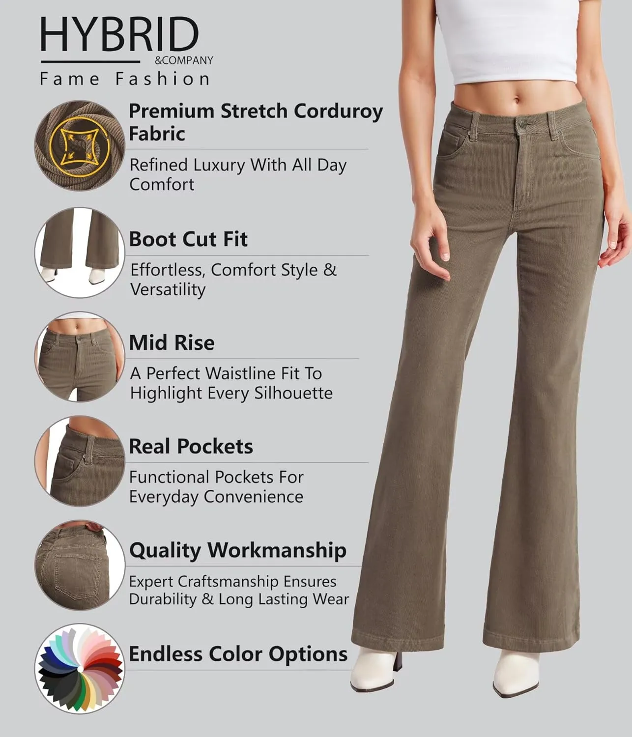 Hybrid & Company Super Comfy Stretch Women 5 Pockets Corduroy Boot Cut Pants