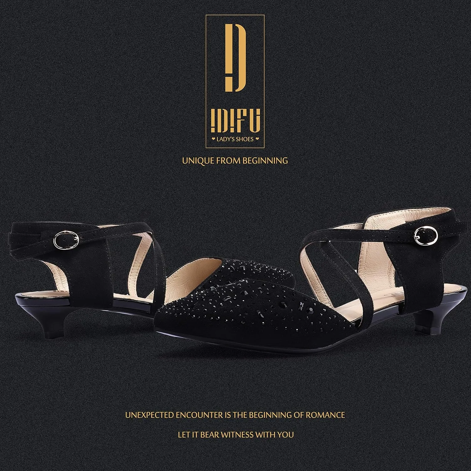 IDIFU Women's Sequins Wedding Kitten Small Heel Shoes Ankle Strap Bridal Bride Dance Dress Shoes - Silver Gold Black