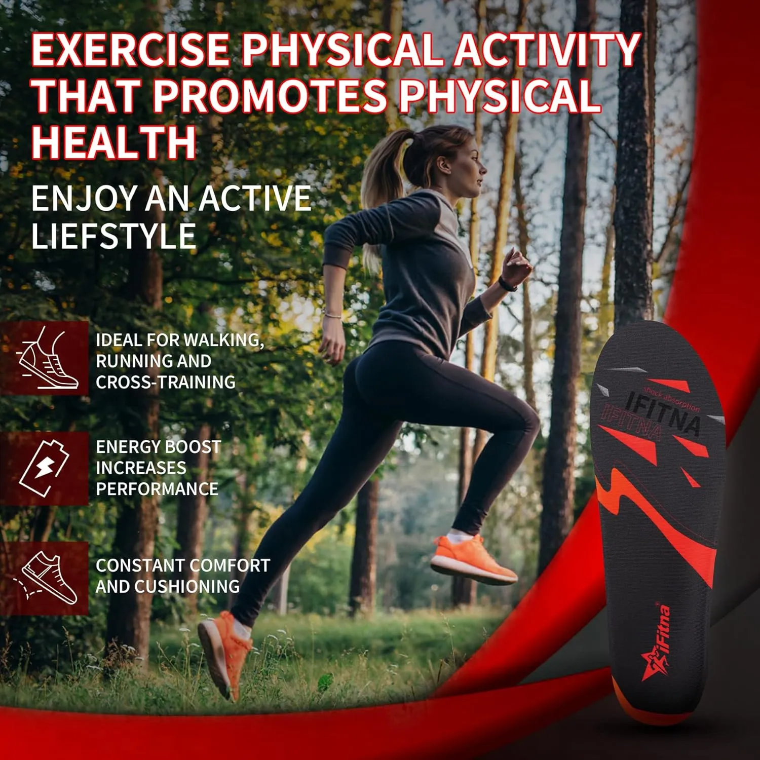 iFitna Sport Insoles for Men Women Active Walking Running Training Athletic Inserts Relieve Heel Pain Shock Absorption Elasticity Force Comfortable Insole