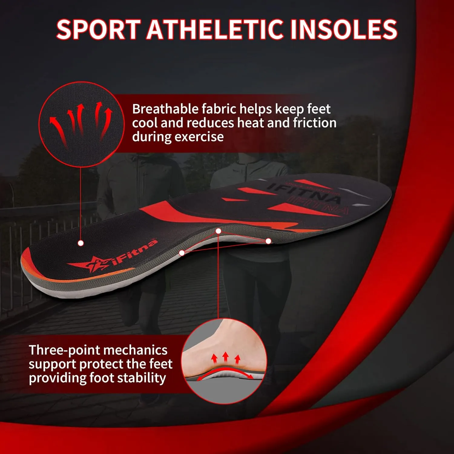 iFitna Sport Insoles for Men Women Active Walking Running Training Athletic Inserts Relieve Heel Pain Shock Absorption Elasticity Force Comfortable Insole