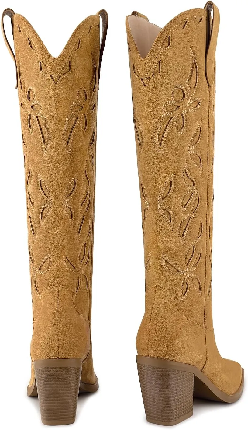 ISNOM Knee High Cowboy Cowgirl Boots for Women, Western Boots with Pull On Tab, Chunky Heel Design, Unique and Stylish