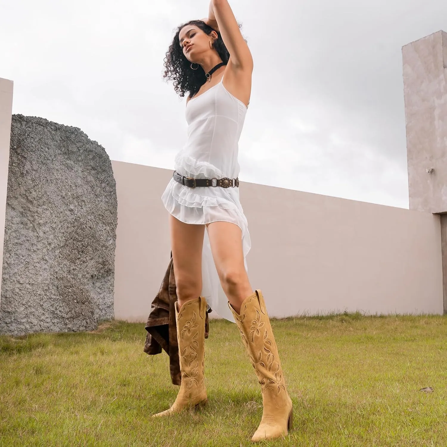 ISNOM Knee High Cowboy Cowgirl Boots for Women, Western Boots with Pull On Tab, Chunky Heel Design, Unique and Stylish