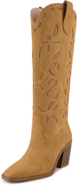ISNOM Knee High Cowboy Cowgirl Boots for Women, Western Boots with Pull On Tab, Chunky Heel Design, Unique and Stylish