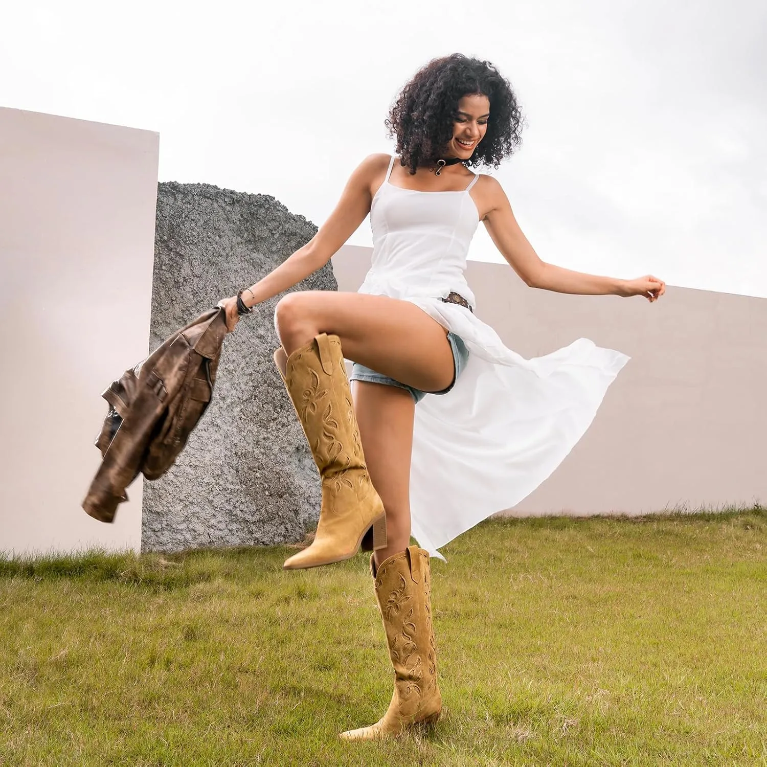 ISNOM Knee High Cowboy Cowgirl Boots for Women, Western Boots with Pull On Tab, Chunky Heel Design, Unique and Stylish