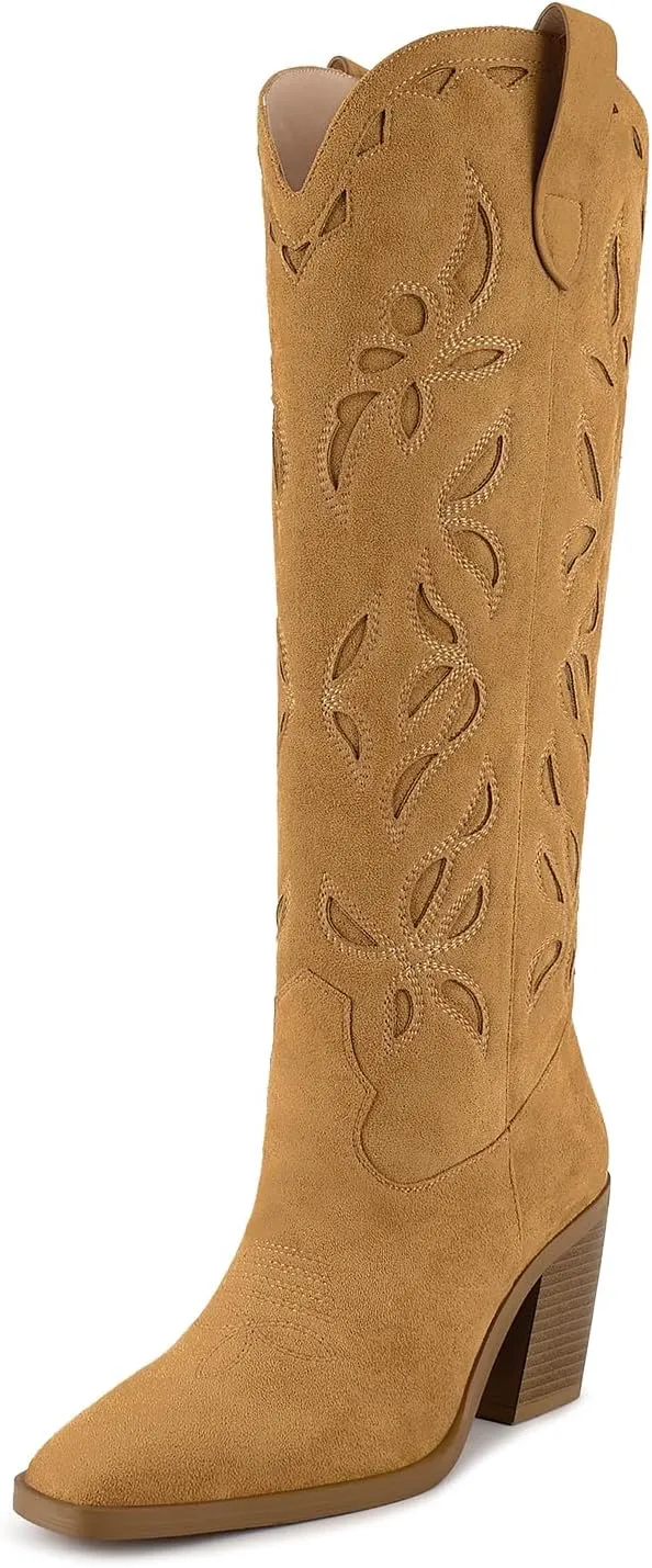 ISNOM Knee High Cowboy Cowgirl Boots for Women, Western Boots with Pull On Tab, Chunky Heel Design, Unique and Stylish