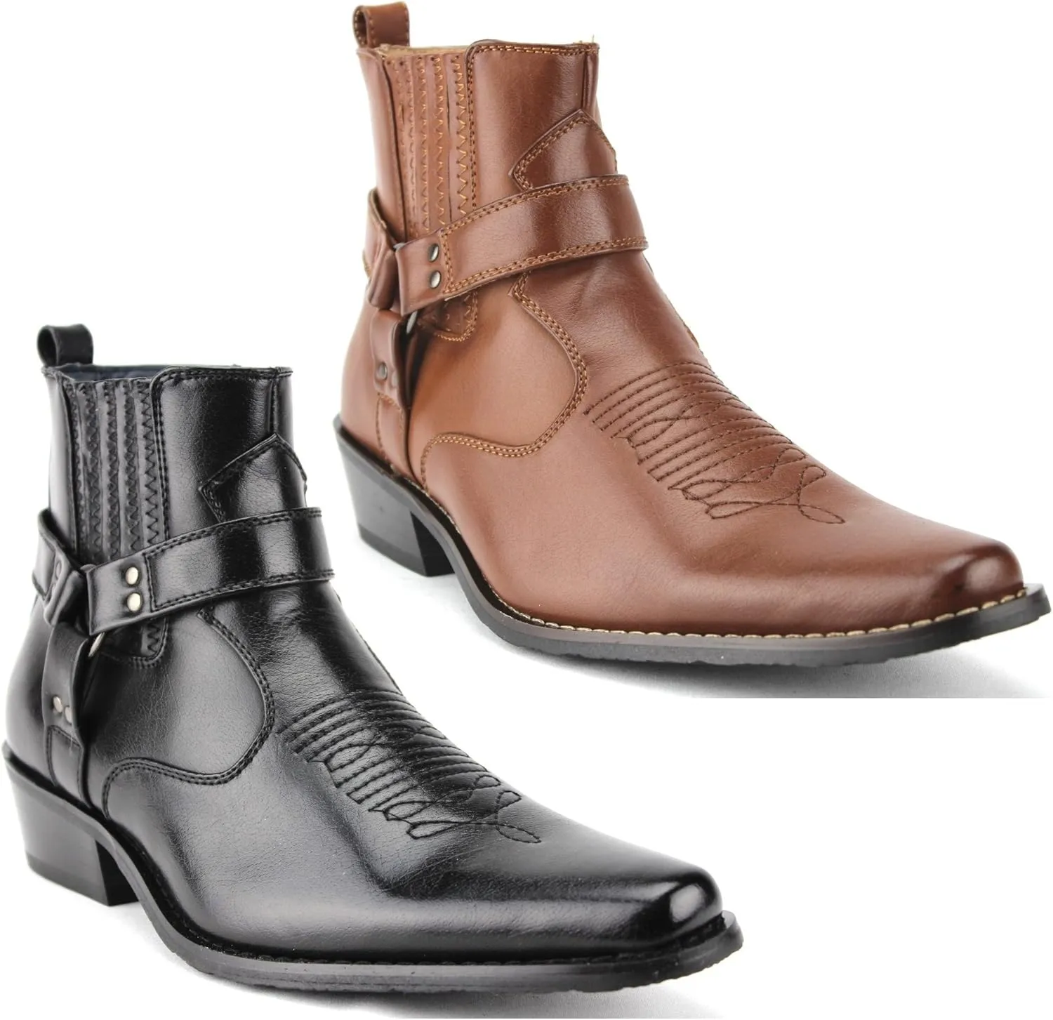 Jazame Cowboy Boots for Men Western Style Ankle High Motorcycle Riding Pointy Toe Moto Dress Boots men's western boots Buckle Design