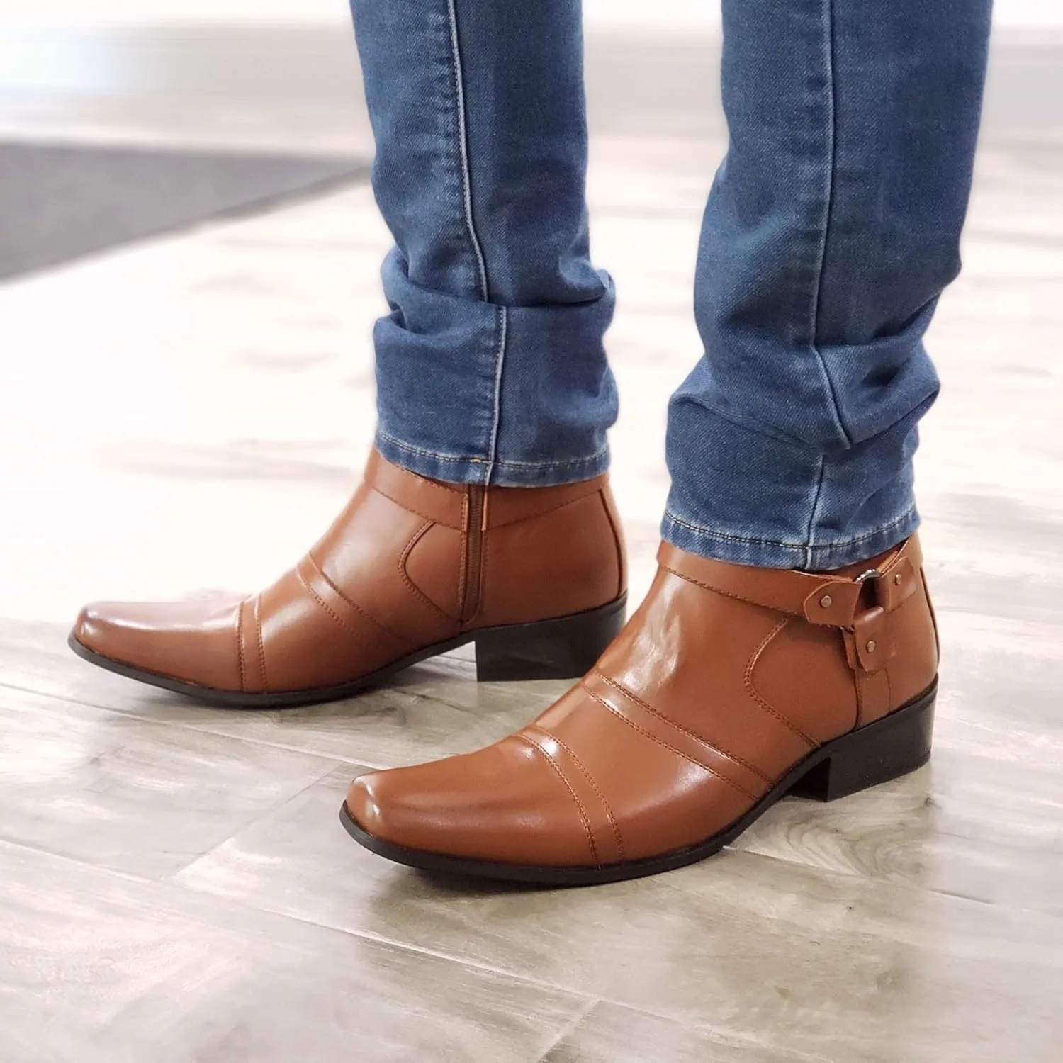 Jazame Cowboy Boots for Men Western Style Ankle High Motorcycle Riding Pointy Toe Moto Dress Boots men's western boots Buckle Design