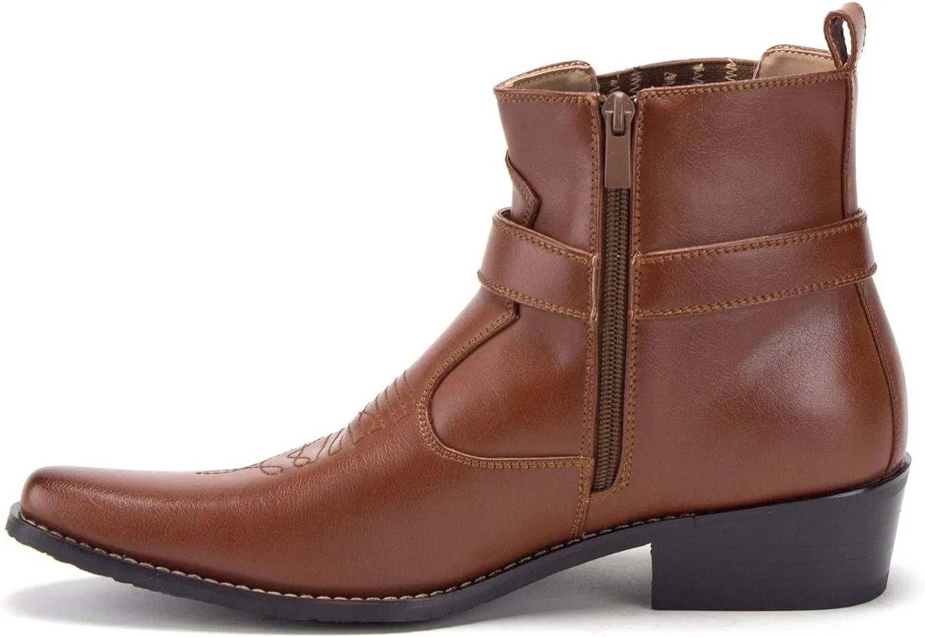 Jazame Cowboy Boots for Men Western Style Ankle High Motorcycle Riding Pointy Toe Moto Dress Boots men's western boots Buckle Design