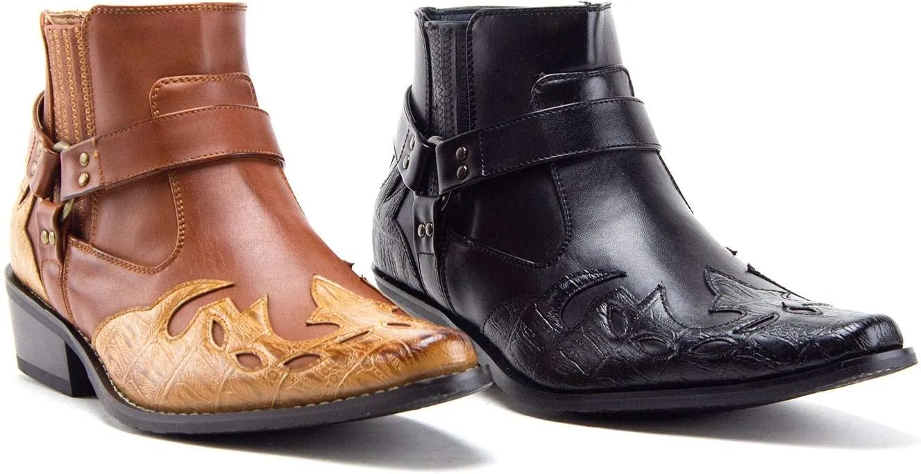 Jazame Cowboy Boots for Men Western Style Ankle High Motorcycle Riding Pointy Toe Moto Dress Boots men's western boots Flame Design