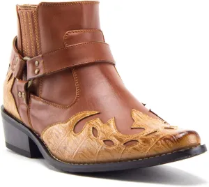 Jazame Cowboy Boots for Men Western Style Ankle High Motorcycle Riding Pointy Toe Moto Dress Boots men's western boots Flame Design