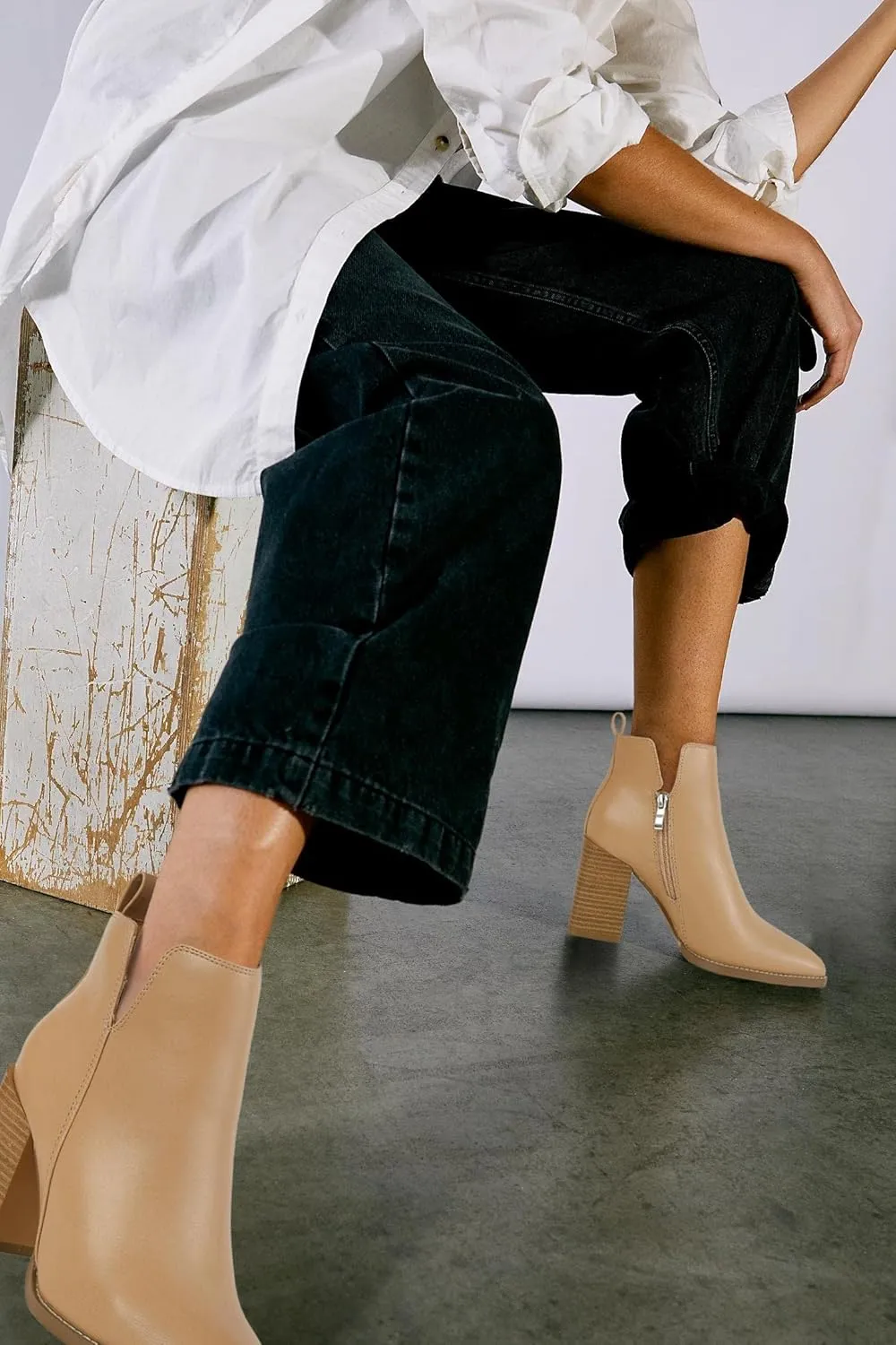 Juliet Holy Women's V Cut Ankle Boots Pointed Toe Stacked Chunky Heel Side Zipper Leather Cutout Western Booties