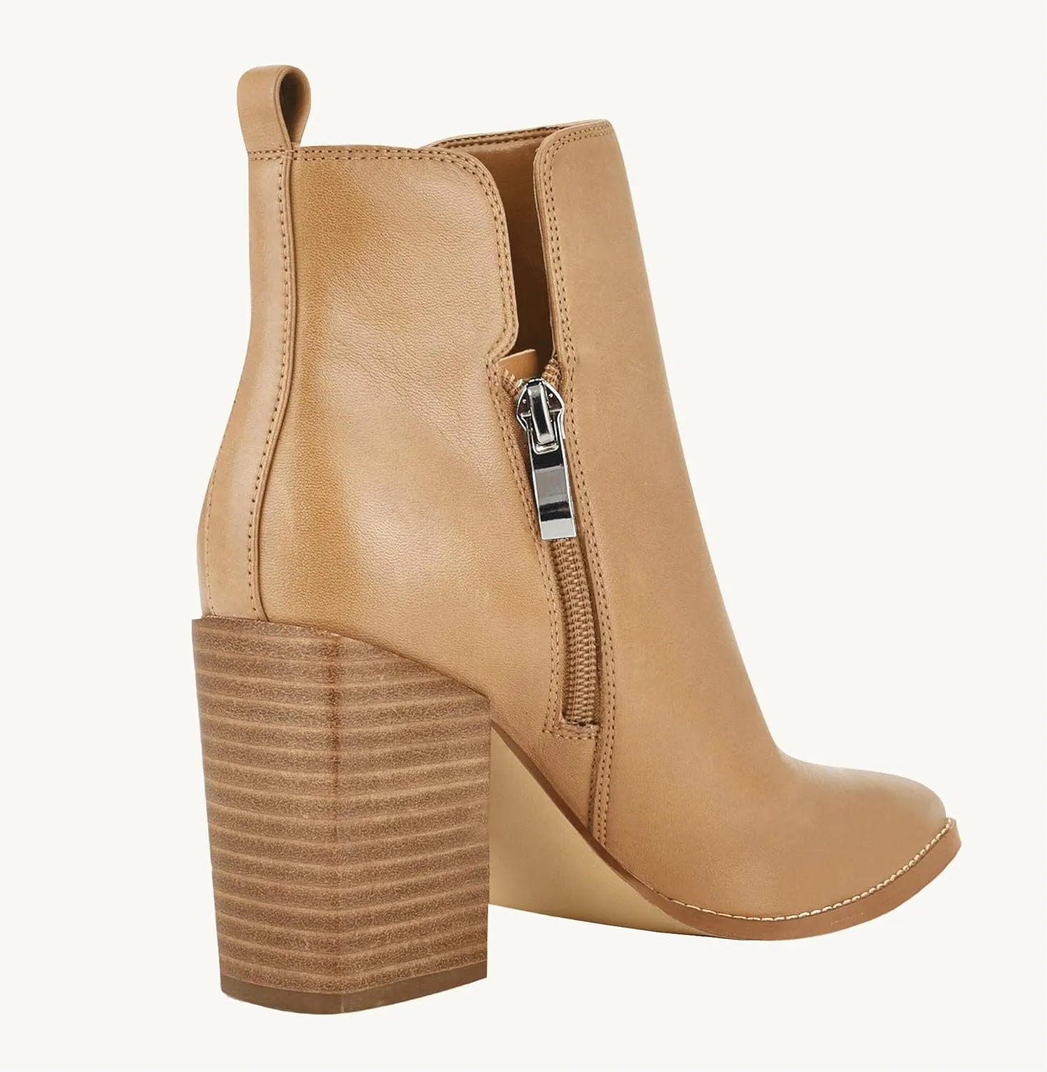 Juliet Holy Women's V Cut Ankle Boots Pointed Toe Stacked Chunky Heel Side Zipper Leather Cutout Western Booties