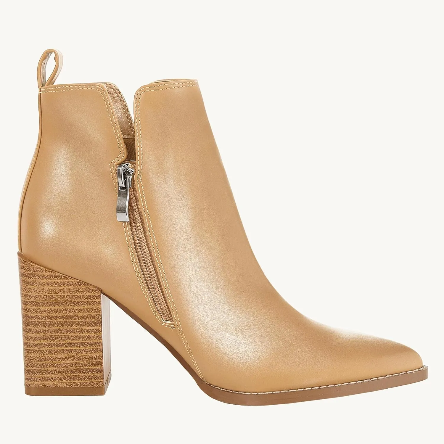 Juliet Holy Women's V Cut Ankle Boots Pointed Toe Stacked Chunky Heel Side Zipper Leather Cutout Western Booties