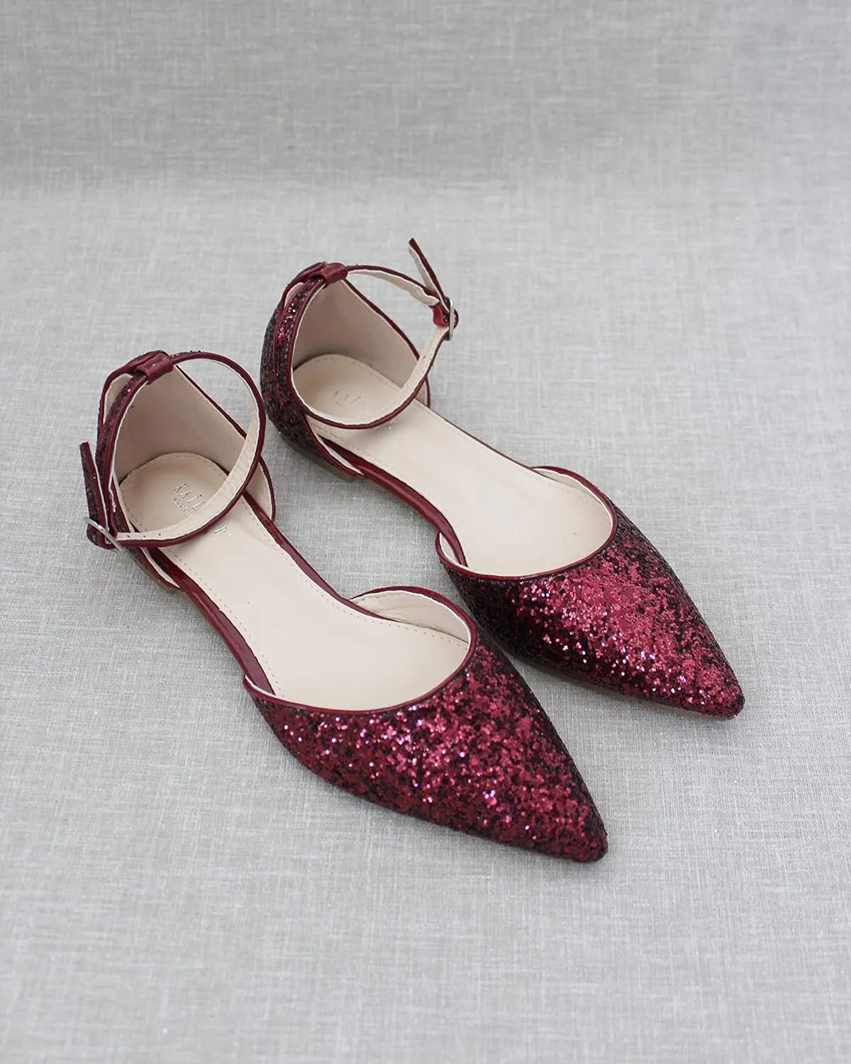 KAILEE P Rock Glitter Pointy Toe Flats with Ankle Strap, Wedding Shoes, Bridesmaids Shoes, Prom Shoes, Party Shoes, Bridal Flats