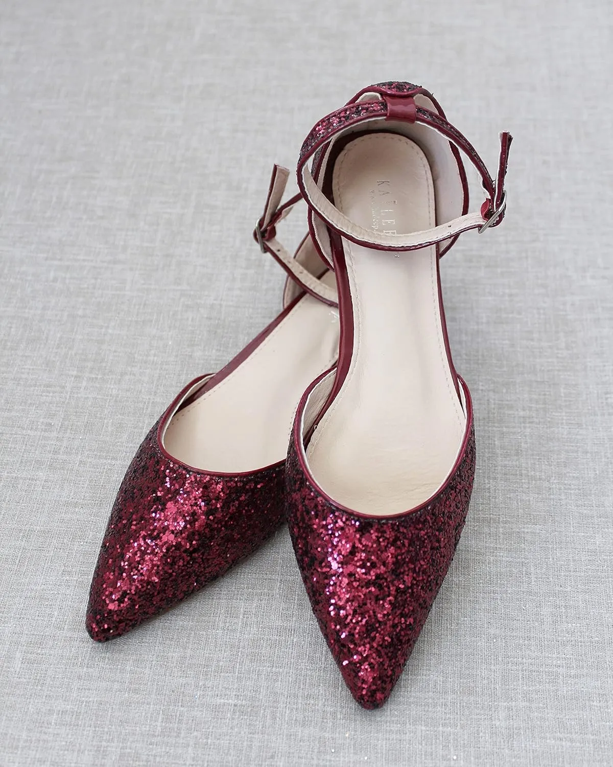 KAILEE P Rock Glitter Pointy Toe Flats with Ankle Strap, Wedding Shoes, Bridesmaids Shoes, Prom Shoes, Party Shoes, Bridal Flats