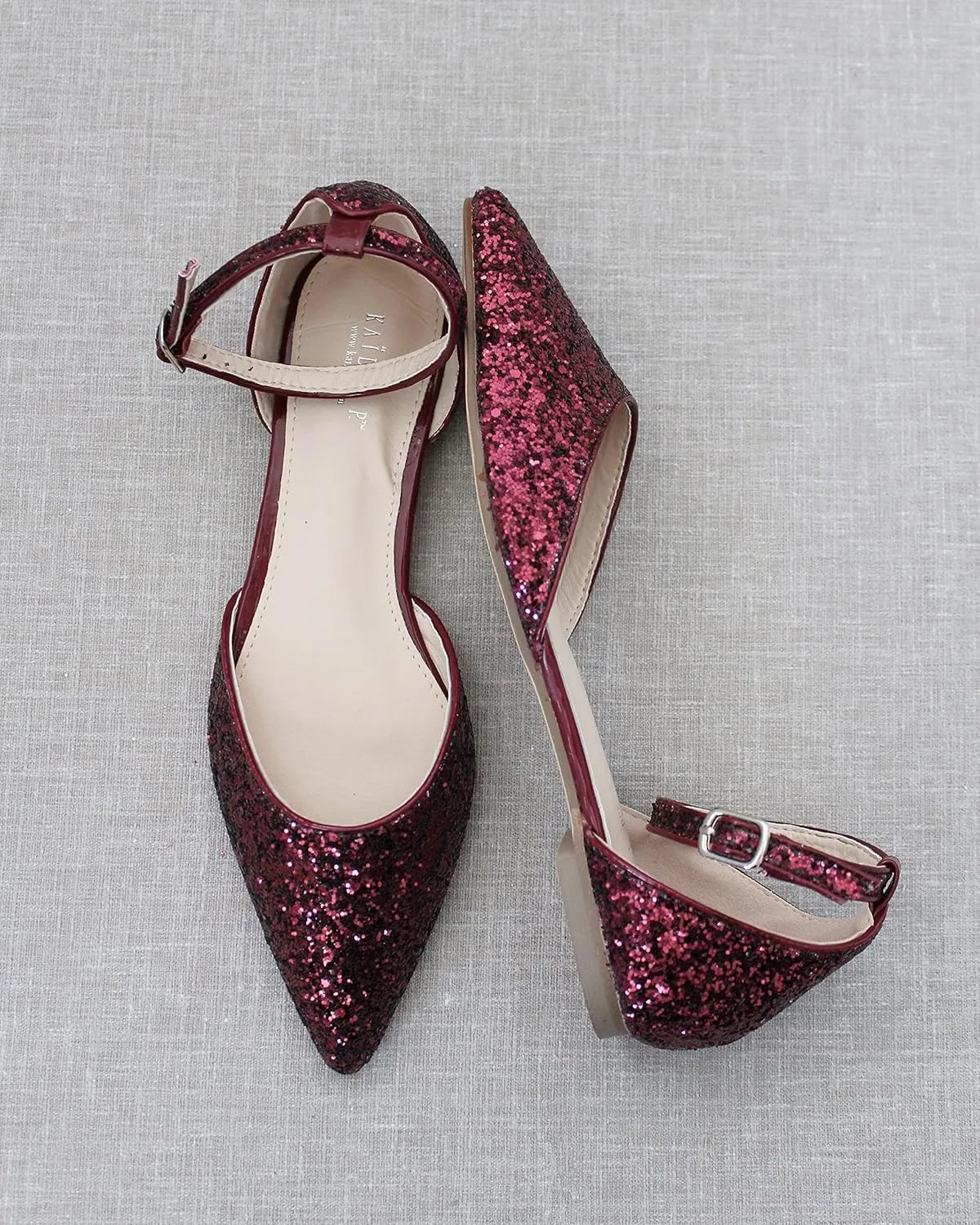 KAILEE P Rock Glitter Pointy Toe Flats with Ankle Strap, Wedding Shoes, Bridesmaids Shoes, Prom Shoes, Party Shoes, Bridal Flats