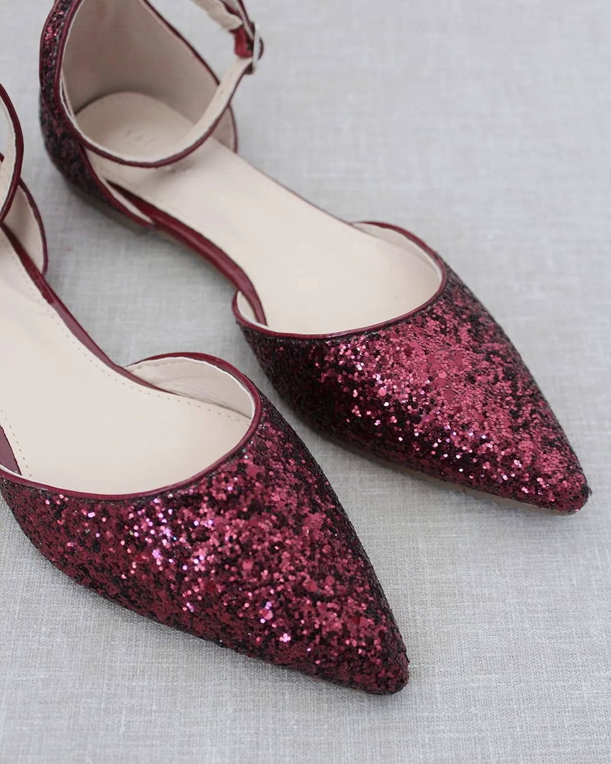 KAILEE P Rock Glitter Pointy Toe Flats with Ankle Strap, Wedding Shoes, Bridesmaids Shoes, Prom Shoes, Party Shoes, Bridal Flats