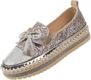 KCTRFSJ Women's Rhinestones Glitter Bow Platform Sneaker,Handmade Flat Casual Slip On Loafers,Comfort Low Top Walking Shoes