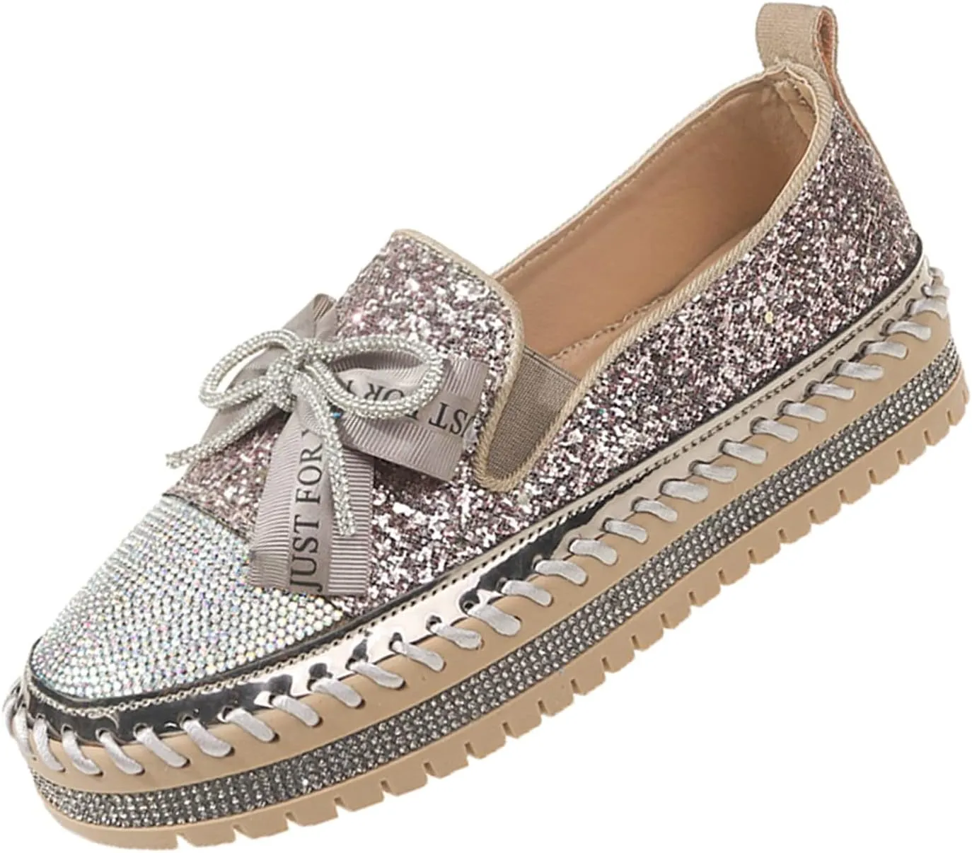 KCTRFSJ Women's Rhinestones Glitter Bow Platform Sneaker,Handmade Flat Casual Slip On Loafers,Comfort Low Top Walking Shoes