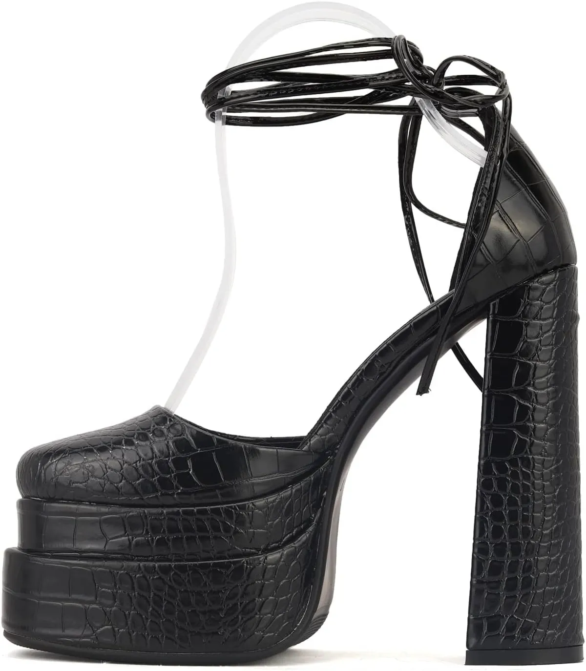 keleimusi Strappy Platform Pumps Lace-Up Square Toe Patent Leather High Blocked Chunky Sandals for Women