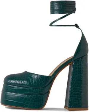 keleimusi Strappy Platform Pumps Lace-Up Square Toe Patent Leather High Blocked Chunky Sandals for Women