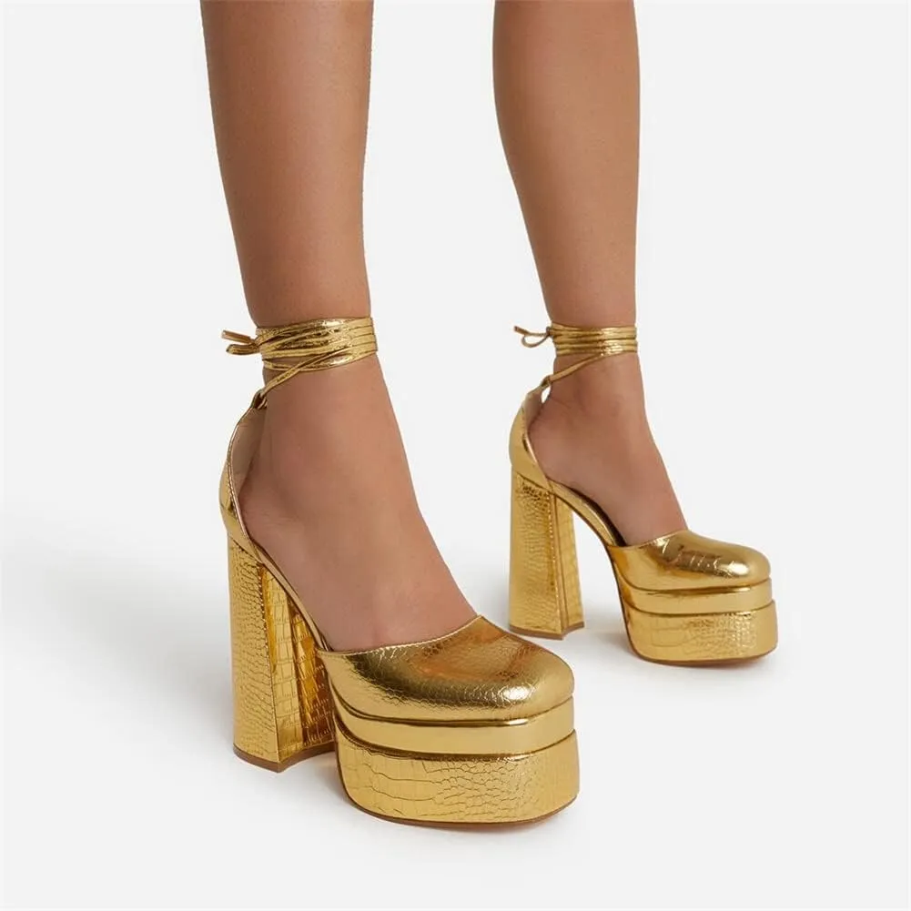 keleimusi Strappy Platform Pumps Lace-Up Square Toe Patent Leather High Blocked Chunky Sandals for Women