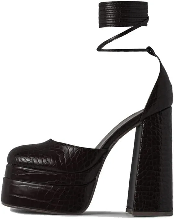 keleimusi Strappy Platform Pumps Lace-Up Square Toe Patent Leather High Blocked Chunky Sandals for Women
