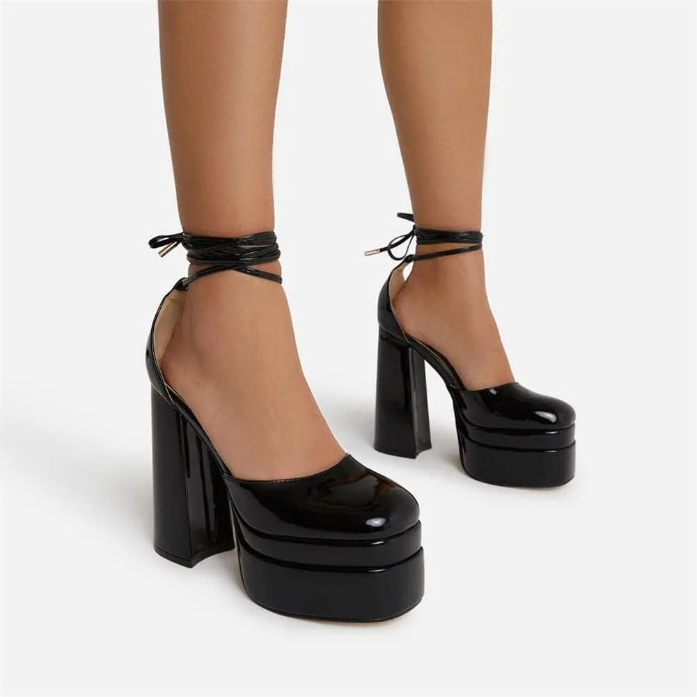keleimusi Strappy Platform Pumps Lace-Up Square Toe Patent Leather High Blocked Chunky Sandals for Women