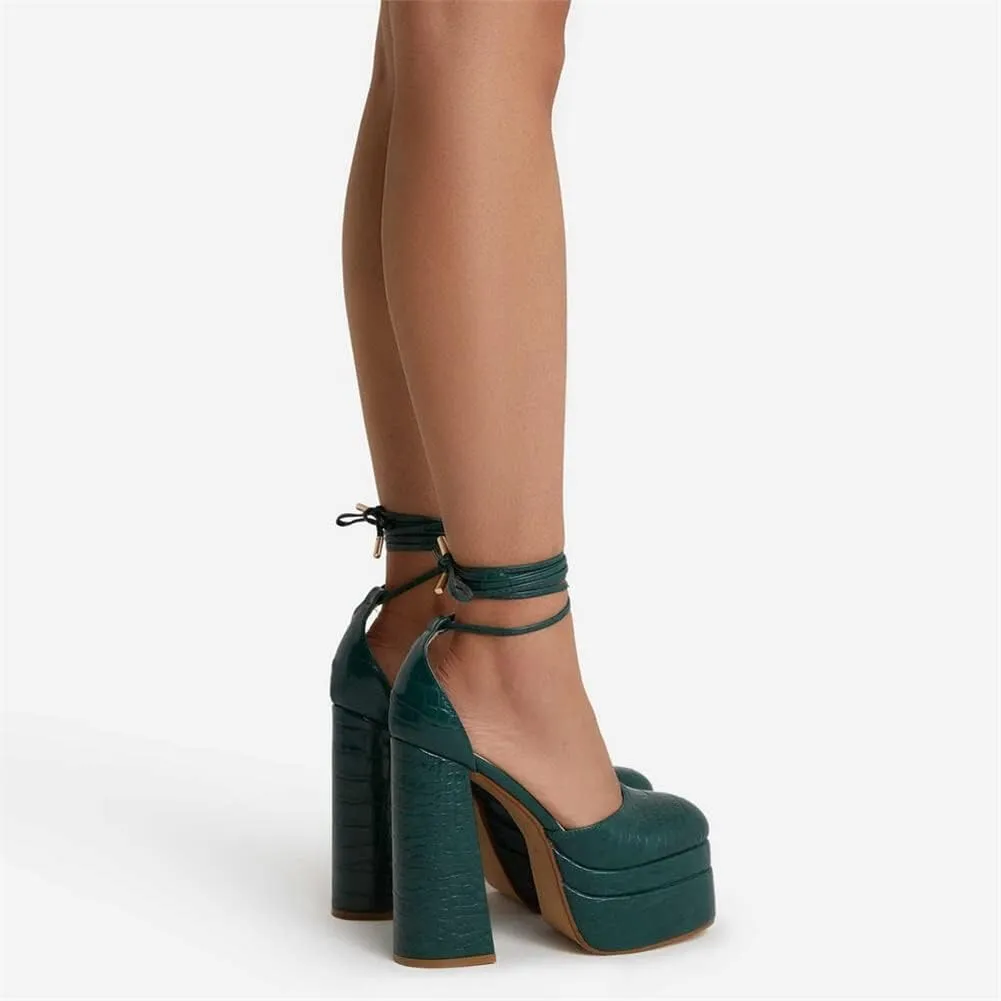 keleimusi Strappy Platform Pumps Lace-Up Square Toe Patent Leather High Blocked Chunky Sandals for Women