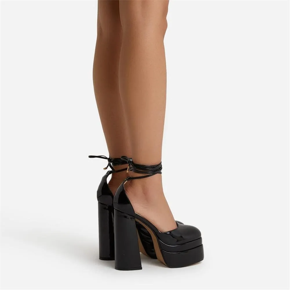 keleimusi Strappy Platform Pumps Lace-Up Square Toe Patent Leather High Blocked Chunky Sandals for Women
